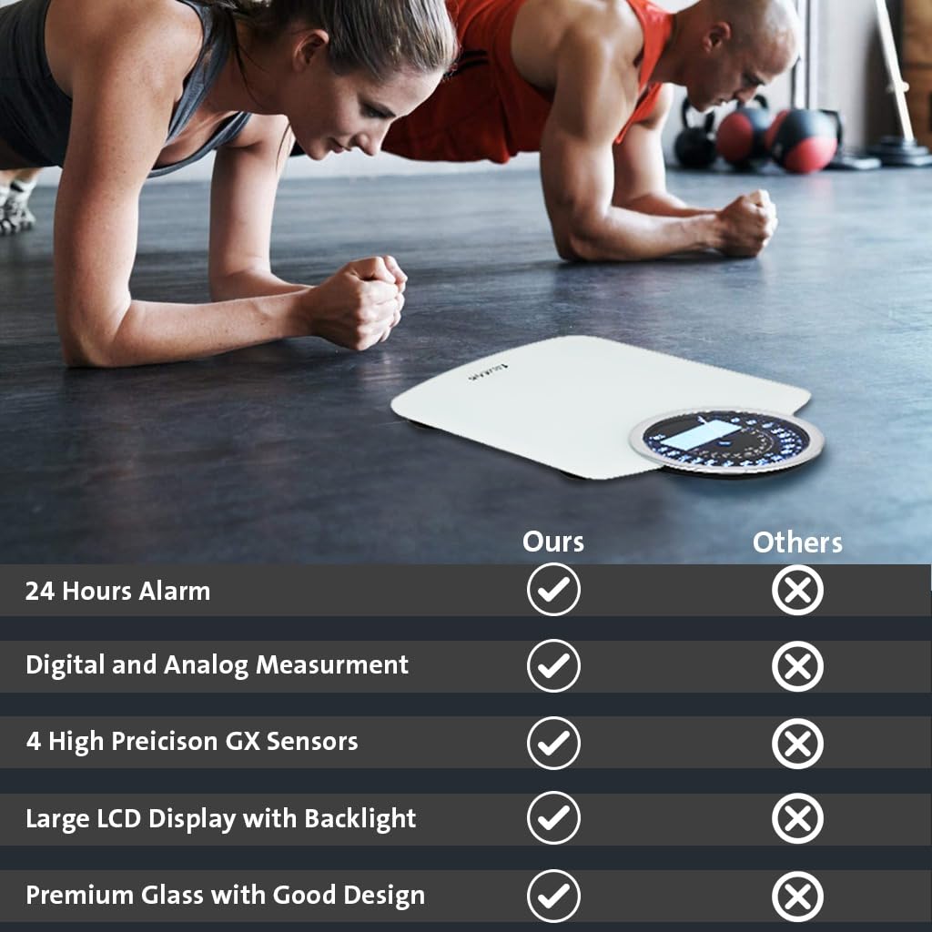 EILISON Highly Advance 2-in-1 Digital & Analog Weighing Scale for Body Weight-400lbs, 4 High Precison GX Sensor Accurate, Thick Tempered Glass, Extra Large Display (White)8