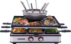 Electric Fondue Pot Set, 600ML Fondue Pot with Grill Plate, 8 Color-Coded Forks, 8 Non-Stick Pans, Dual Thermostat Fondue Grill Combo for Chocolate, Cheese, Grilling