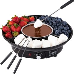 Electric Fondue Pot Set - Chocolate Fondue Kit - Temperature Control, Detachable Serving Trays, & 4 Roasting Forks - Gift Set & Date Night Idea. Serve at Movie Night or Game Night.