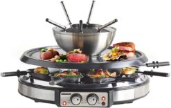 Electric Fondue Pot Sets with Barbecue Grill, 600ml Fondue Pot with 8 Forks and Electric Raclette, Dual Adjustable Thermostats, Perfect Fondue Grill Combo for Family Fun