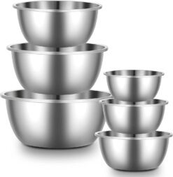 Enther Mixing Bowls - Set of 6 Stainless Steel Mixing Bowls with 304 Stainless Steel - Heavy Duty, Easy To Clean, Nesting Bowls Space Saving Storage, Great for Cooking, Baking, Salad, Silver
