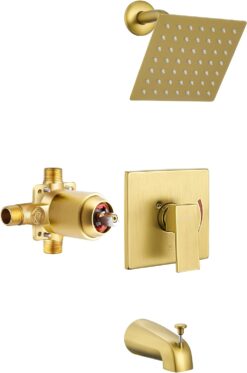 Esnbia Shower Tub Kit, Tub and Shower Faucet Set（Valve Included) with 6-Inch Rain Shower Head and Tub Spout, Single-Handle Tub and Shower Trim Kit,Brushed Gold