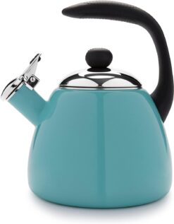 Farberware Bella Water Kettle, Whistling Tea Pot, Works For All Stovetops, Porcelain Enamel on Carbon Steel, BPA-Free, Rust-Proof, Stay Cool Handle, 2.5qt (10 Cups) Capacity (Aqua)