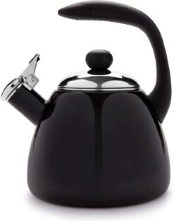 Farberware Bella Water Kettle, Whistling Tea Pot, Works For All Stovetops, Porcelain Enamel on Carbon Steel, BPA-Free, Rust-Proof, Stay Cool Handle, 2.5qt (10 Cups) Capacity (Black)