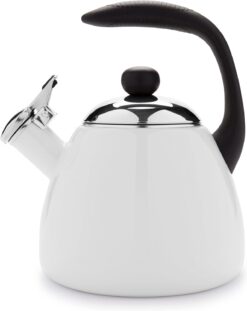Farberware Bella Water Kettle, Whistling Tea Pot, Works For All Stovetops, Porcelain Enamel on Carbon Steel, BPA-Free, Rust-Proof, Stay Cool Handle, 2.5qt (10 Cups) Capacity (White)