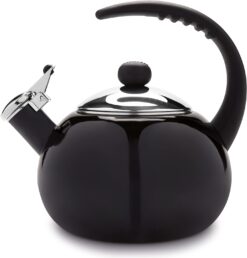Farberware Luna Water Kettle, Whistling Tea Pot, Works For All Stovetops, Porcelain Enamel on Carbon Steel, BPA-Free, Rust-Proof, Stay Cool Handle, 2.5qt (10 Cups) Capacity (Black)