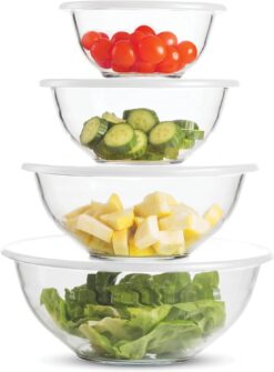 FineDine Superior Glass Mixing Bowls with Lids - 8-Piece Set with BPA-Free lids, Space-Saving Nesting Bowls - Easy Grip & Stable Design for Meal Prep & Food Storage -Glass bowl For Cooking, Baking, Fresh White