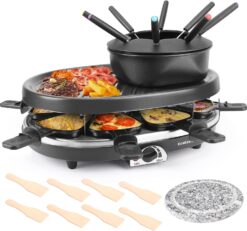 Fondue Pot Set, Electric Fondue Pot Sets with BBQ Grill, Portable Korean BBQ Grill with Raclette Grill Plate, 8 Fondue Forks, 8 Small Nonstick Pans Temperature Control for 8 People Parties