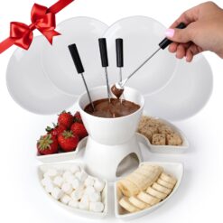 Fondue Pot Set – Family Friendly & Interactive Fondue Set w/Tea Light Heat Source - Quality Ceramic Pot for Any Dinner or Party Theme - Ideal Gift for Couples & Wedding Registry Must Haves