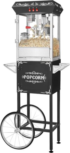 Foundation Popcorn Machine with Cart - 8oz Popper with Stainless-Steel Kettle, Warming Light, and Accessories by Great Northern Popcorn (Black)