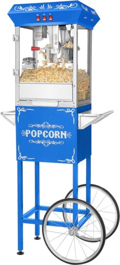 Foundation Popcorn Machine with Cart - 8oz Popper with Stainless-Steel Kettle, Warming Light, and Accessories by Great Northern Popcorn (Blue)
