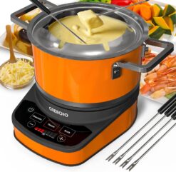 GREECHO Fondue Pot Electric Set, 2.6 Qt Stainless Steel Electric Fondue Pot with 3 Preset Mode (Cheese, Chocolate & Broth), 1200W Fondue Pot Set with Separated Fondue Pot & 6 Color-Coded Forks, Orange