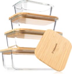 Glass Food Storage Containers With Bamboo Lids - Glass Meal Prep Containers - Set of 4 Airtight Stackable Food Storage Kitchen Containers - Eco-Friendly Oven Safe Nesting Lunch Containers
