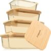 Glass Food Storage Containers With Bamboo Lids – Amber Glass Meal Prep Containers Set – 4 Airtight Stackable Food Storage Kitchen Containers – Eco-Friendly Oven Safe Nesting Lunch Containers