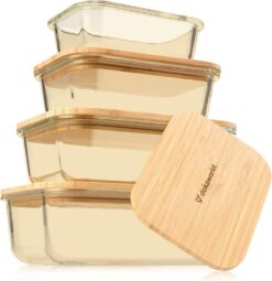 Glass Food Storage Containers With Bamboo Lids – Amber Glass Meal Prep Containers Set – 4 Airtight Stackable Food Storage Kitchen Containers – Eco-Friendly Oven Safe Nesting Lunch Containers