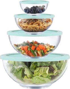 Glass Mixing Bowl Set with Airtight Lids for Kitchen Baking Prepping, Serving, Cooking 0.6QT, 1.1QT, 2.2QT, 4QT Salad Bowl Set with Lids, Dishwasher and Microwavable Safe