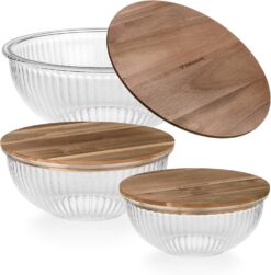 Glass Mixing Bowls - Nesting Bowls - Cute Collapsible Glass Bowls With Lids Food Storage - 3 Stackable Microwave Safe Glass Containers - Salad Acacia Baking Glass Bowls Set For Kitchen