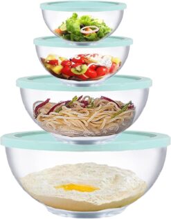 Glass Mixing Bowls with Lids Set, 8 Pieces Glass Salad Bowl Set with Lids(0.6QT,1.1QT,2.2QT,4QT) High Brosilicate Microwave Bowls for Kitchen Baking, Great Gift