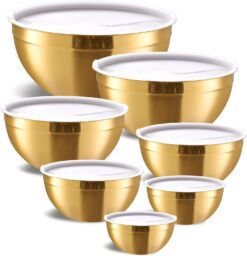 Gold Mixing Bowls with Airtight Lids, Stainless Steel Nesting Mixing Bowls Set of 7, Ideal for Baking, Prepping and Serving Food, Size 7, 3.6, 2.7, 2.1, 1.5, 1.1,0.8 QT, Stackable Design