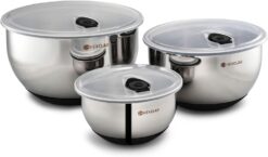 HexClad Stainless Steel Mixing Bowl Set, 3-Piece with Vacuum Seal Lids and Non-Slip Base, 1.3,3 and 5 Quarts