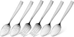 Hudson Essentials 6-Piece Hammered 18/10 Stainless Steel Silverware Serving Spoons and Forks Set - Hostess Buffet Flatware