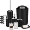 IMAVO Bathroom Accessory Set - 8 Pcs Black Bathroom Accessories Set with Trash Can, Soap Dispenser, Soap Dish, Toothbrush Holder, Toothbrush Cup, Toilet Brush Holder, Qtip Holder Dispenser with Labels