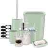 IMAVO Bathroom Accessory Set - 8 Pcs Green-B Bathroom Accessories Set with Trash Can, Soap Dispenser, Soap Dish, Toothbrush Holder, Toothbrush Cup, Toilet Brush Holder, Qtip Holder Dispenser with Labels