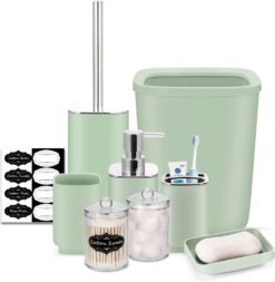 IMAVO Bathroom Accessory Set - 8 Pcs Green-B Bathroom Accessories Set with Trash Can, Soap Dispenser, Soap Dish, Toothbrush Holder, Toothbrush Cup, Toilet Brush Holder, Qtip Holder Dispenser with Labels
