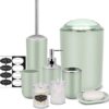 IMAVO Bathroom Accessory Set - 8 Pcs Green Bathroom Accessories Set with Trash Can, Soap Dispenser, Soap Dish, Toothbrush Holder, Toothbrush Cup, Toilet Brush Holder, Qtip Holder Dispenser with Labels