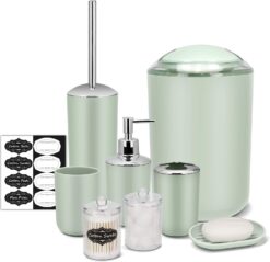 IMAVO Bathroom Accessory Set - 8 Pcs Green Bathroom Accessories Set with Trash Can, Soap Dispenser, Soap Dish, Toothbrush Holder, Toothbrush Cup, Toilet Brush Holder, Qtip Holder Dispenser with Labels