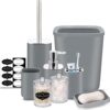 IMAVO Bathroom Accessory Set - 8 Pcs Grey-B Bathroom Accessories Set with Trash Can, Soap Dispenser, Soap Dish, Toothbrush Holder, Toothbrush Cup, Toilet Brush Holder, Qtip Holder Dispenser with Labels