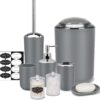 IMAVO Bathroom Accessory Set - 8 Pcs Grey Bathroom Accessories Set with Trash Can, Soap Dispenser, Soap Dish, Toothbrush Holder, Toothbrush Cup, Toilet Brush Holder, Qtip Holder Dispenser with Labels