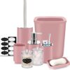 IMAVO Bathroom Accessory Set - 8 Pcs Pink-B Bathroom Accessories Set with Trash Can, Soap Dispenser, Soap Dish, Toothbrush Holder, Toothbrush Cup, Toilet Brush Holder, Qtip Holder Dispenser with Labels