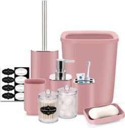 IMAVO Bathroom Accessory Set - 8 Pcs Pink-B Bathroom Accessories Set with Trash Can, Soap Dispenser, Soap Dish, Toothbrush Holder, Toothbrush Cup, Toilet Brush Holder, Qtip Holder Dispenser with Labels