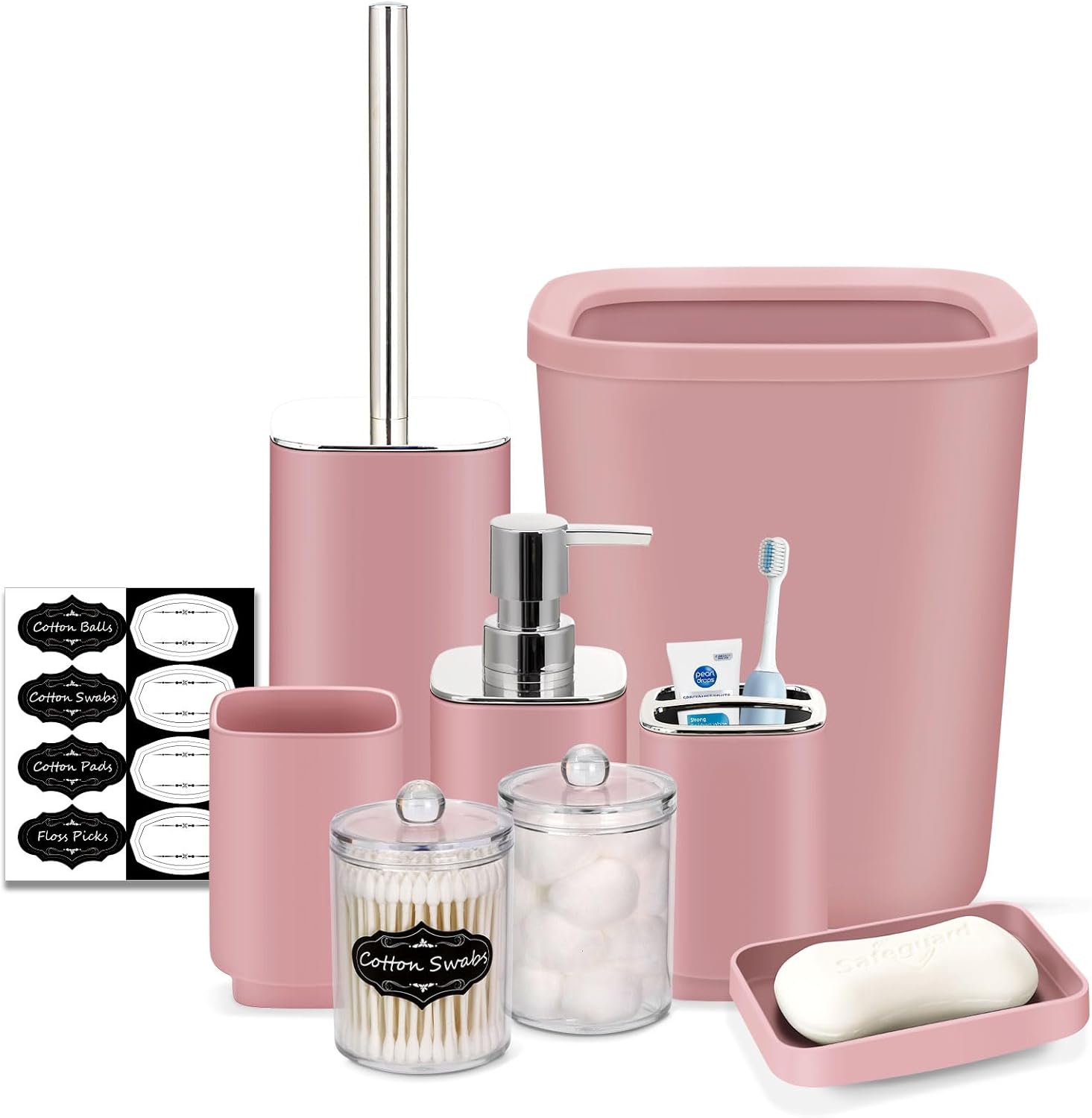 IMAVO Bathroom Accessory Set - 8 Pcs Pink Bathroom Accessories Set with Trash Can, Soap Dispenser, Soap Dish, Toothbrush Holder, Toothbrush Cup, Toilet Brush Holder, Qtip Holder Dispenser with Labels IMAVO Bathroom Accessory Set - 8 Pcs Pink-B Bathroom Accessories Set with Trash Can, Soap Dispenser, Soap Dish, Toothbrush Holder, Toothbrush Cup, Toilet Brush Holder, Qtip Holder Dispenser with Labels