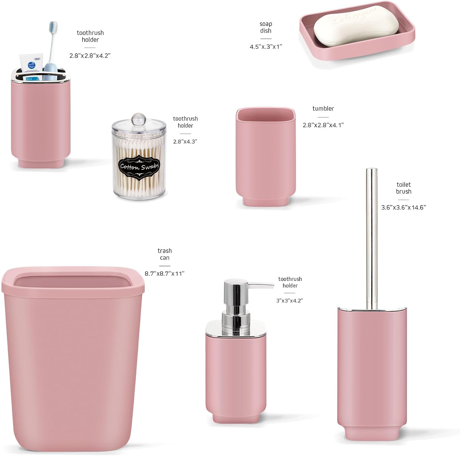 IMAVO Bathroom Accessory Set - 8 Pcs Pink Bathroom Accessories Set with Trash Can, Soap Dispenser, Soap Dish, Toothbrush Holder, Toothbrush Cup, Toilet Brush Holder, Qtip Holder Dispenser with Labels1