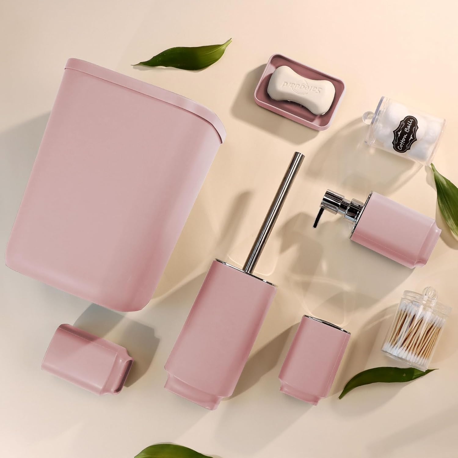 IMAVO Bathroom Accessory Set - 8 Pcs Pink Bathroom Accessories Set with Trash Can, Soap Dispenser, Soap Dish, Toothbrush Holder, Toothbrush Cup, Toilet Brush Holder, Qtip Holder Dispenser with Labels3