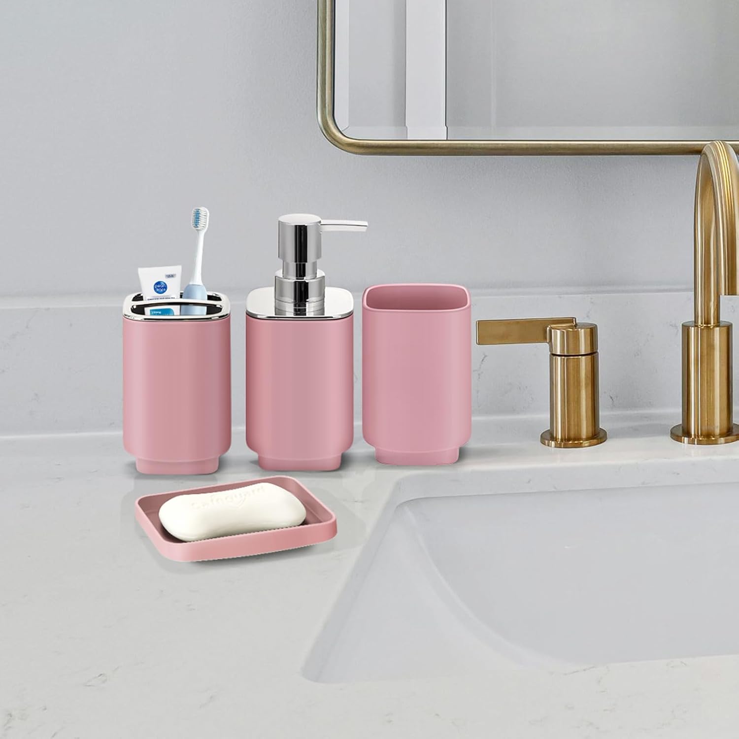 IMAVO Bathroom Accessory Set - 8 Pcs Pink Bathroom Accessories Set with Trash Can, Soap Dispenser, Soap Dish, Toothbrush Holder, Toothbrush Cup, Toilet Brush Holder, Qtip Holder Dispenser with Labels5