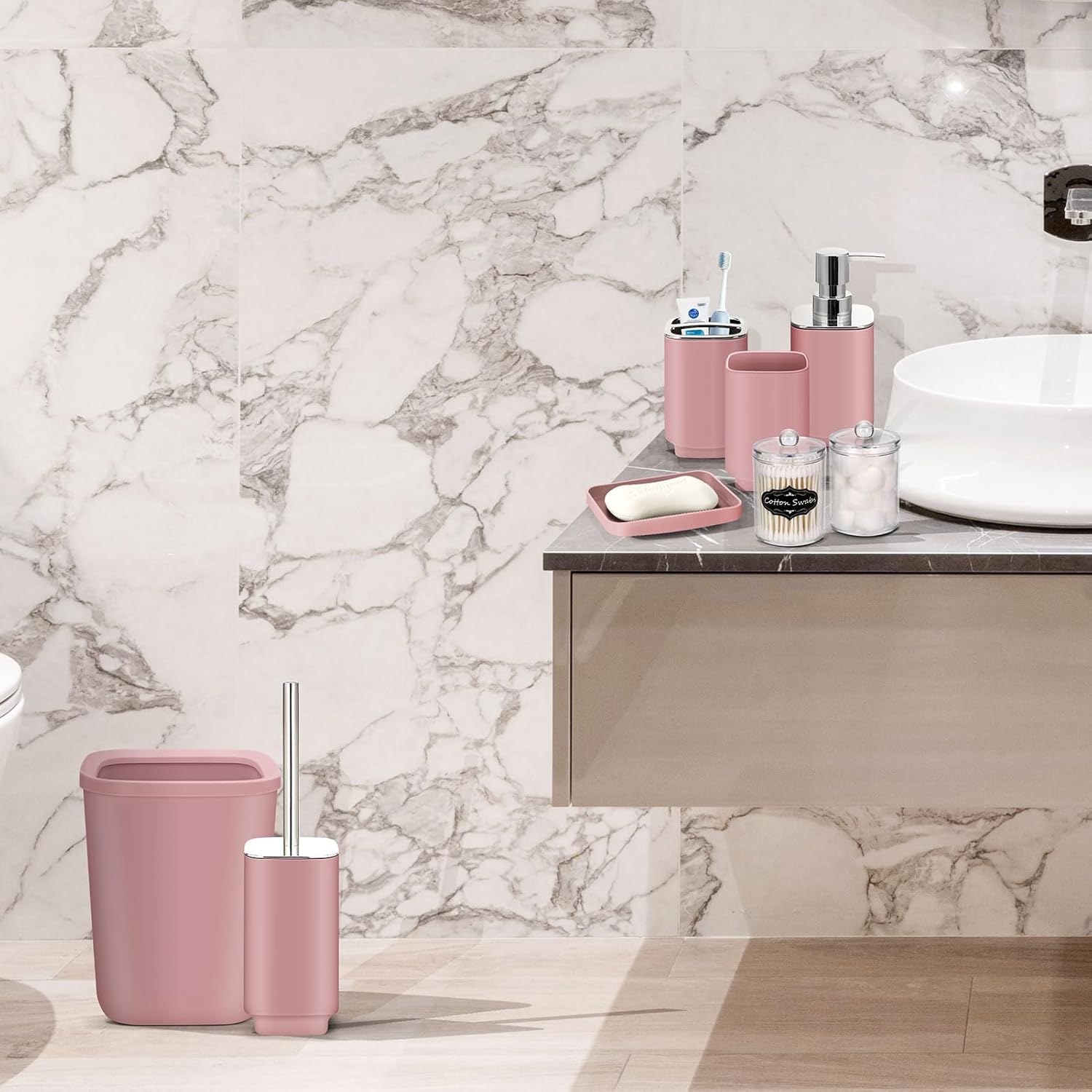 IMAVO Bathroom Accessory Set - 8 Pcs Pink Bathroom Accessories Set with Trash Can, Soap Dispenser, Soap Dish, Toothbrush Holder, Toothbrush Cup, Toilet Brush Holder, Qtip Holder Dispenser with Labels6