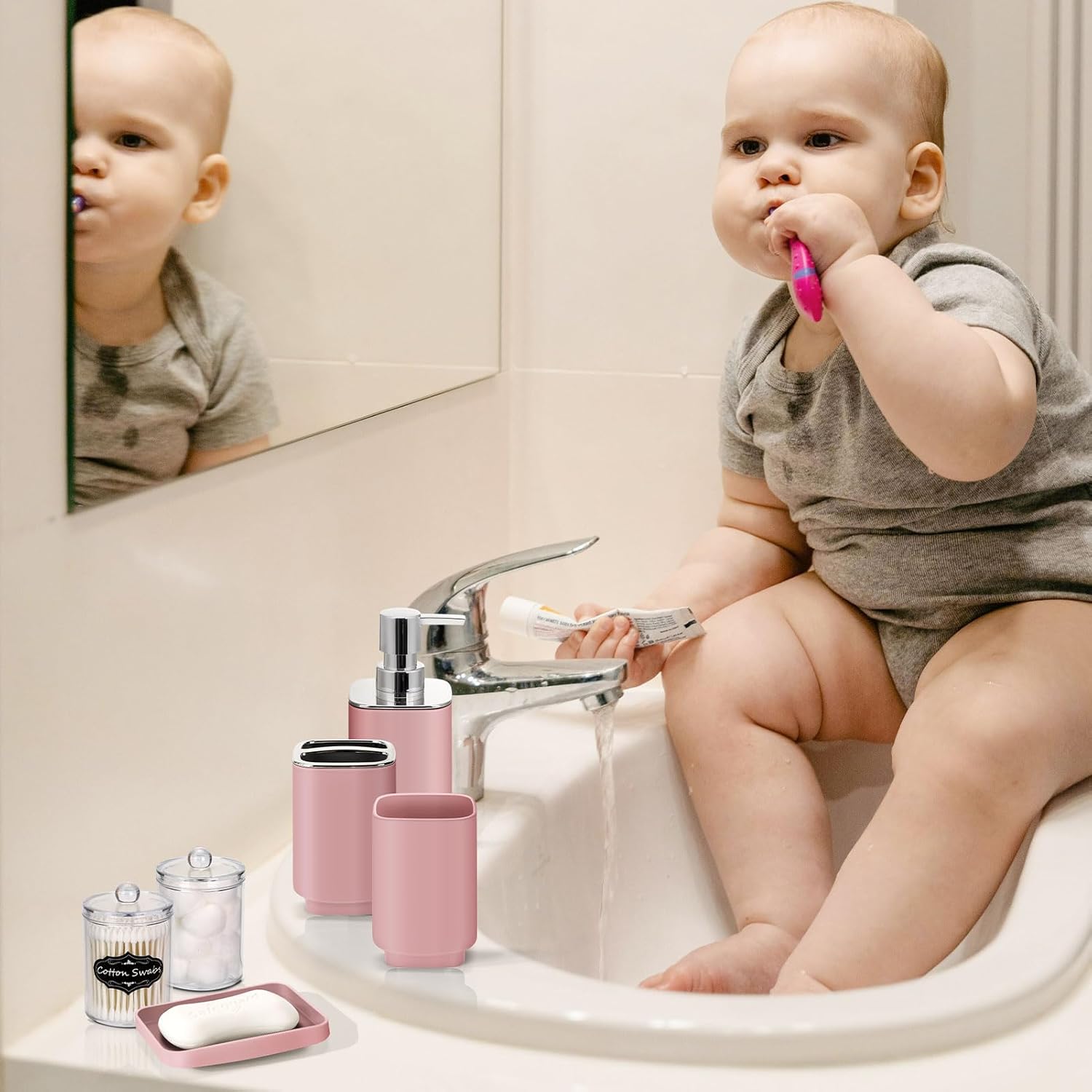 IMAVO Bathroom Accessory Set - 8 Pcs Pink Bathroom Accessories Set with Trash Can, Soap Dispenser, Soap Dish, Toothbrush Holder, Toothbrush Cup, Toilet Brush Holder, Qtip Holder Dispenser with Labels7