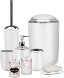 IMAVO Bathroom Accessory Set - 8 Pcs White Bathroom Accessories Set with Trash Can, Soap Dispenser, Soap Dish, Toothbrush Holder, Toothbrush Cup, Toilet Brush Holder, Qtip Holder Dispenser with Labels