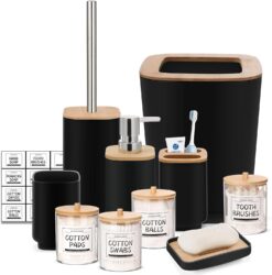 IMAVO Black Bathroom Set,10 Pcs Plastic Gift Set,4 Qtip Holder Dispenser,Toothbrush Cup,Soap Dispenser,Soap Dish,Toilet Brush Holder,Trash Can,Toothbrush Holder with Labels