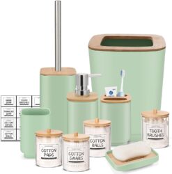 IMAVO Green Bathroom Set,10 Pcs Plastic Gift Set,4 Qtip Holder Dispenser,Toothbrush Cup,Soap Dispenser,Soap Dish,Toilet Brush Holder,Trash Can,Toothbrush Holder with Labels