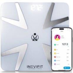 INEVIFIT SMART BODY FAT SCALE, Highly Accurate Bluetooth Digital Bathroom Body Composition Analyzer, Measures Weight, Body Fat, Water, Muscle, BMI, Visceral Fat & Bone Mass for Unlimited Users, White