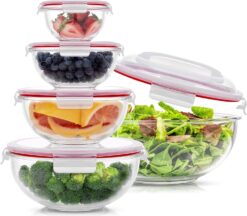 JoyJolt Kitchen Mixing Bowls. 5pc Glass Bowls with Lids Set – Neat Nesting Bowls. Large Mixing Bowl Set incl Batter Bowl, Cooking Bowls, Storage Bowls with Lids and Big Salad Bowl with BPA-Free Lids (Red)