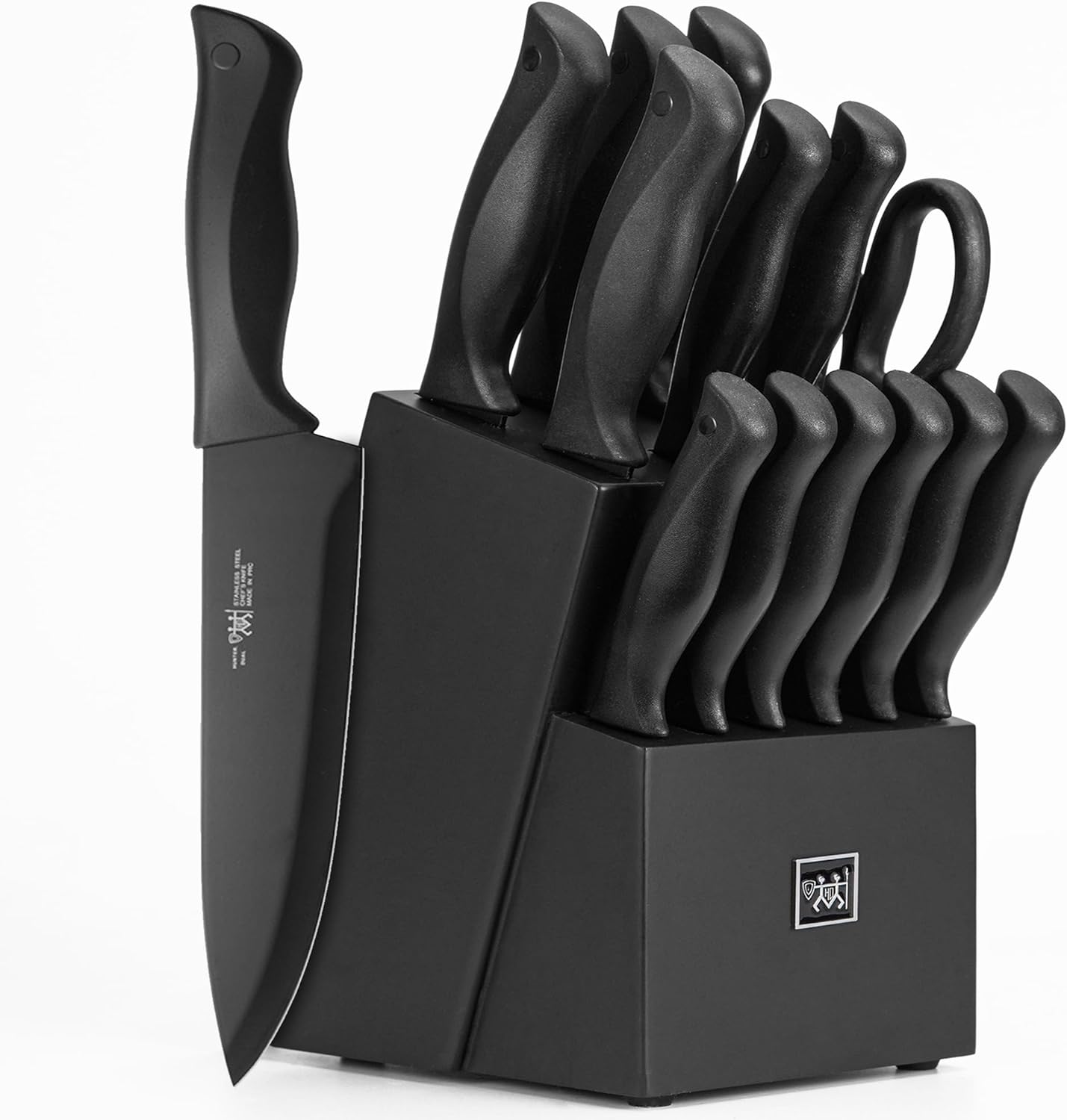 Knife Sets for Kitchen with Block, HUNTER.DUAL 15 Pcs Kitchen Knife Set with Block Self Sharpening, Dishwasher Safe, Anti-slip Handle, Black Knife Sets for Kitchen with Block, HUNTER.DUAL 15 Pcs Kitchen Knife Set with Block Self Sharpening, Dishwasher Safe, Anti-slip Handle, Black