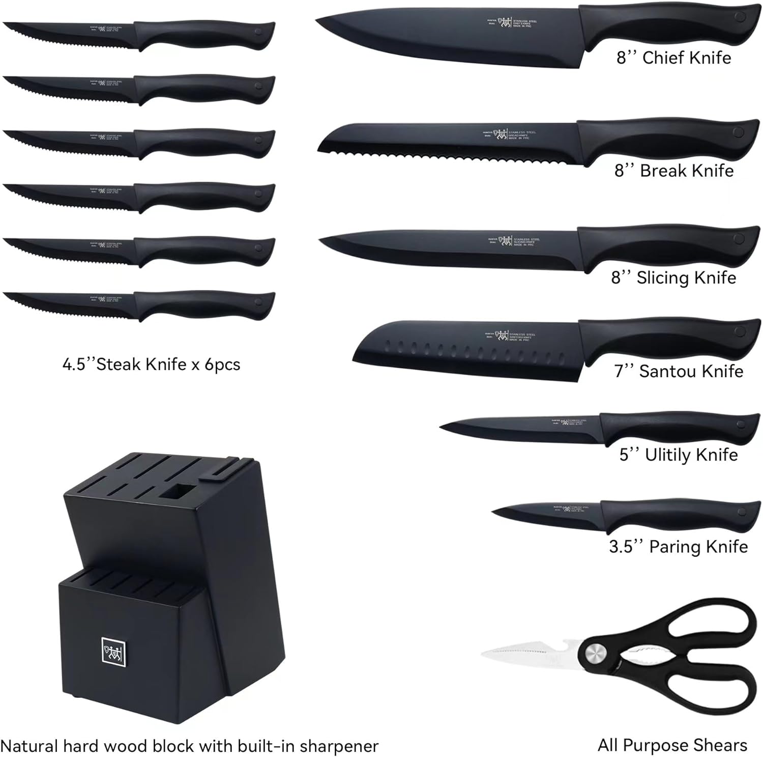 Knife Sets for Kitchen with Block, HUNTER.DUAL 15 Pcs Kitchen Knife Set with Block Self Sharpening, Dishwasher Safe, Anti-slip Handle, Black1