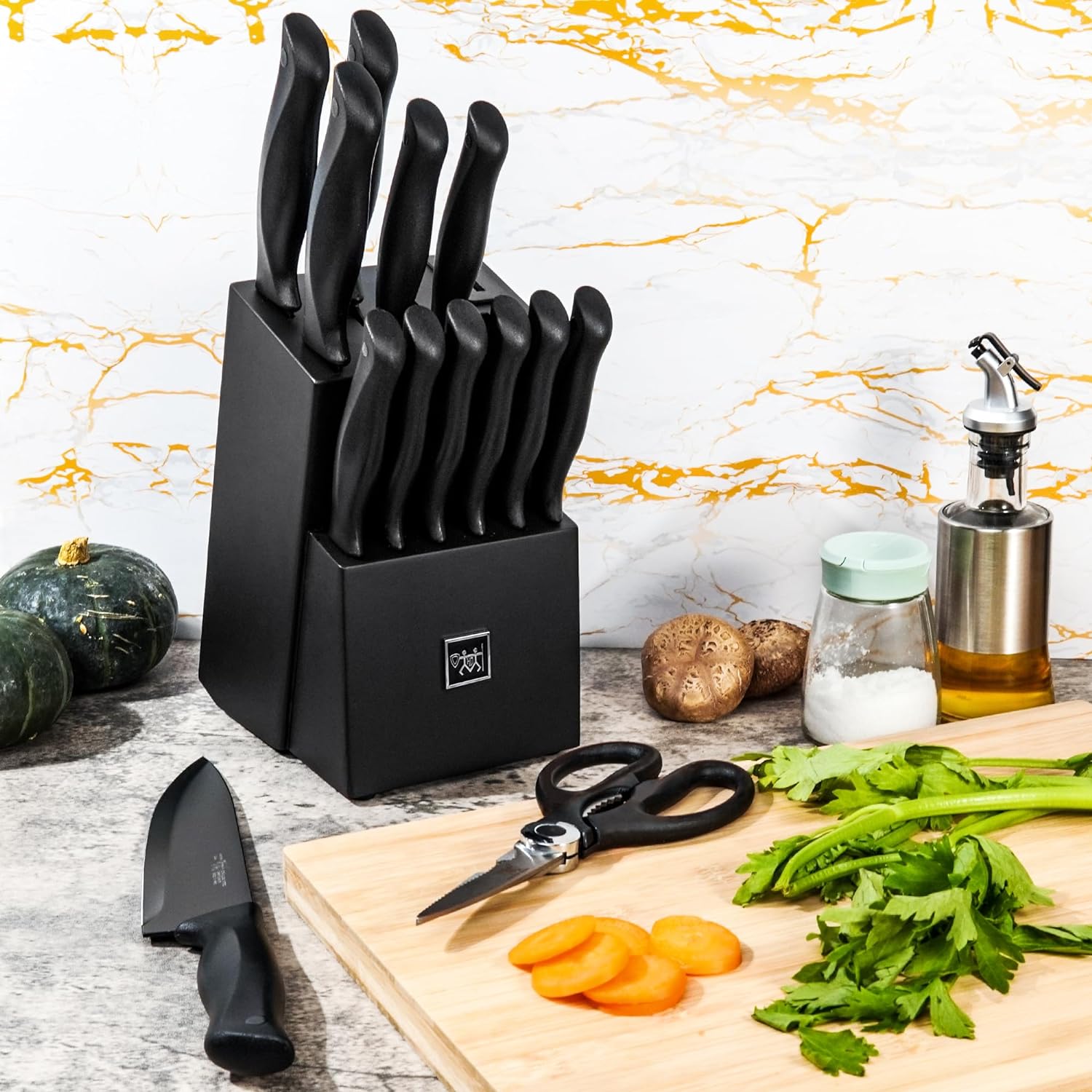 Knife Sets for Kitchen with Block, HUNTER.DUAL 15 Pcs Kitchen Knife Set with Block Self Sharpening, Dishwasher Safe, Anti-slip Handle, Black7