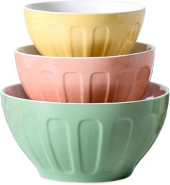 Lareina Ceramic Mixing Bowls for Kitchen, 3-Piece Large Colorful Serving Bowls, 3.13/1.68/1.18 Qt Deep Microwaveable Nesting Bowl, Stackable and Functional, Ideal Gift