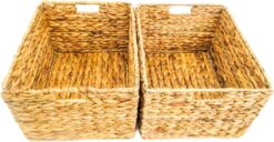 Large Foldable Rectangle Woven Wicker Basket Bins for Storage by Trademark Innovations, Natural (Set of 2)